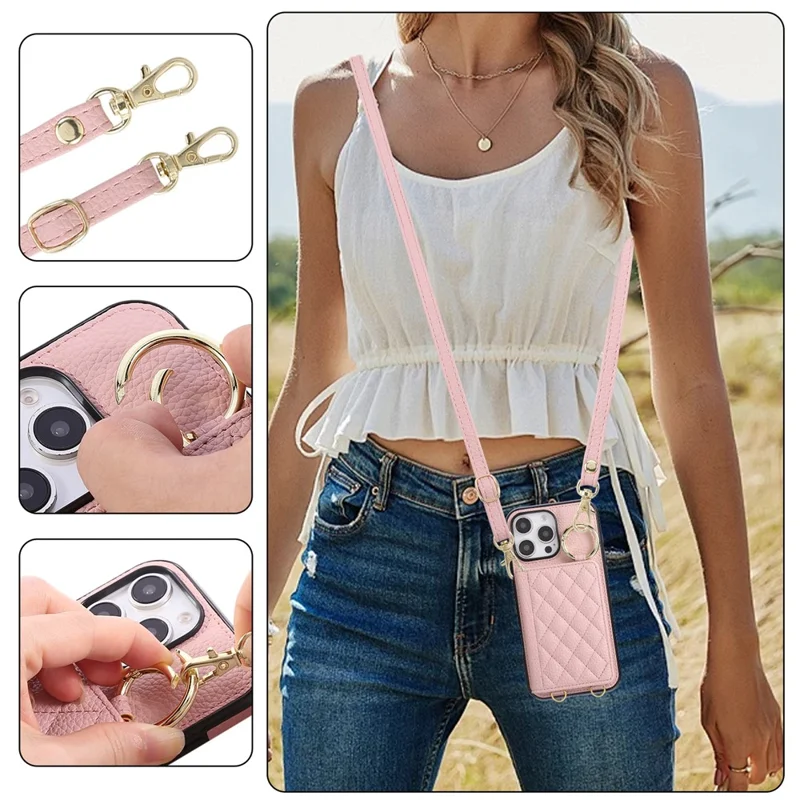 For iPhone 16 Pro Case Kickstand Rhombus Leather + TPU Phone Cover with Shoulder Strap - Pink