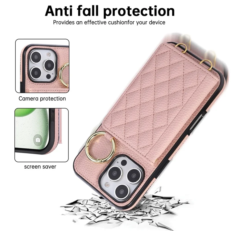 For iPhone 16 Pro Case Kickstand Rhombus Leather + TPU Phone Cover with Shoulder Strap - Pink