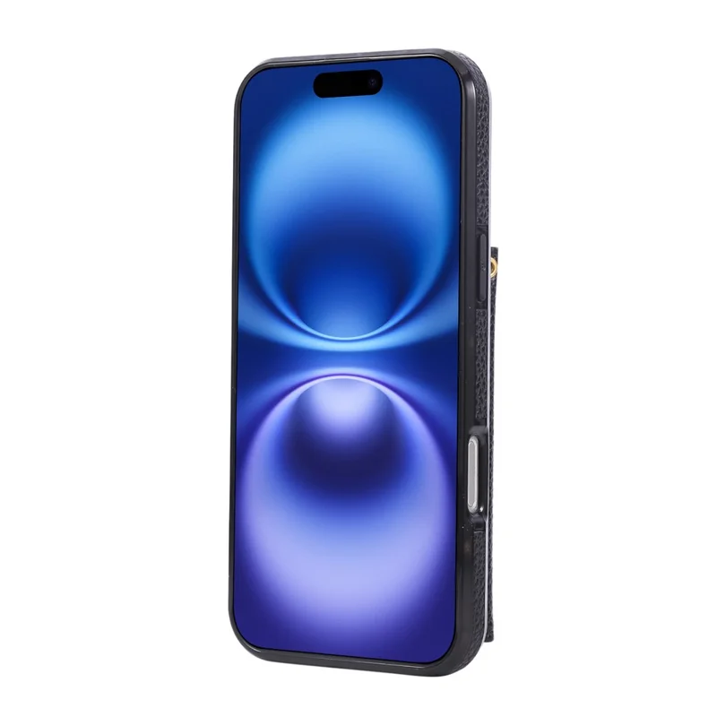 Für iPhone 16 Hülle Ständer Rhombus Leder + TPU Handyhülle mit Schultergurt - Schwarz