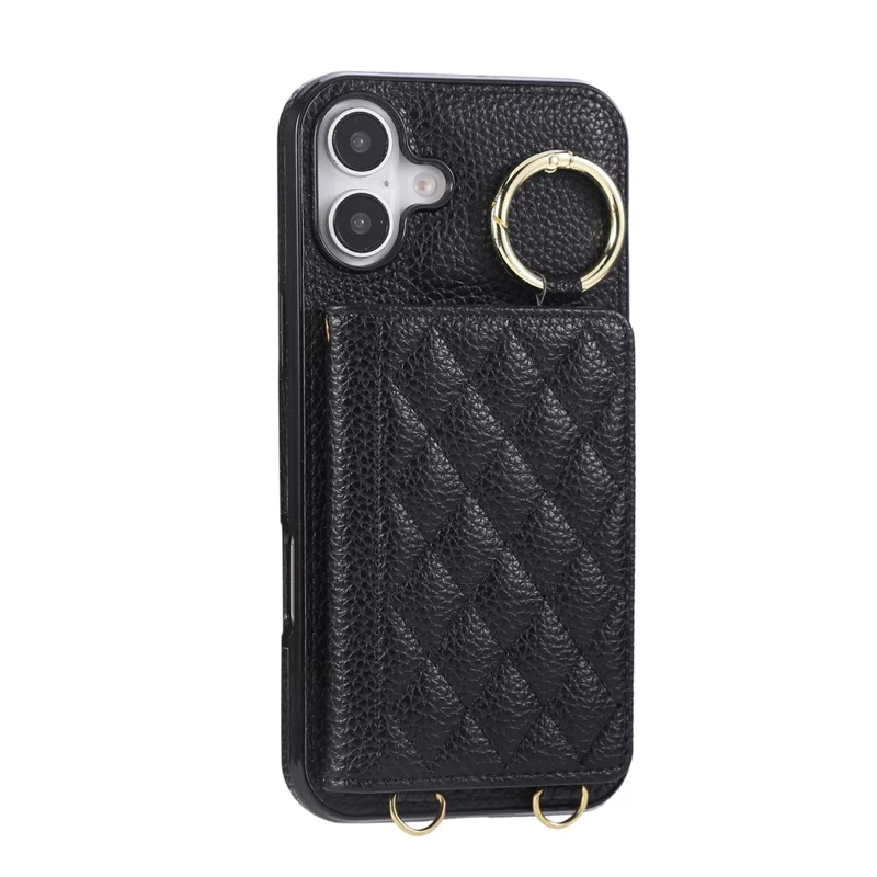 Für iPhone 16 Hülle Ständer Rhombus Leder + TPU Handyhülle mit Schultergurt - Schwarz
