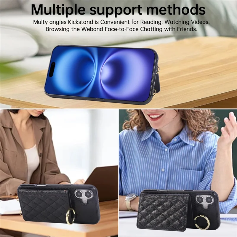 Für iPhone 16 Hülle Ständer Rhombus Leder + TPU Handyhülle mit Schultergurt - Schwarz