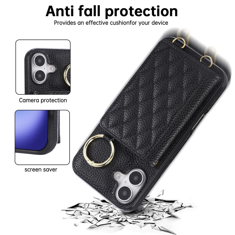 Für iPhone 16 Hülle Ständer Rhombus Leder + TPU Handyhülle mit Schultergurt - Schwarz