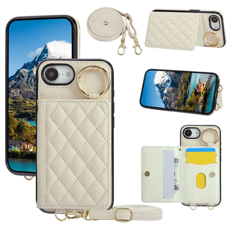For iPhone 16e Case Kickstand Rhombus Leather + TPU Phone Cover with Shoulder Strap - Beige