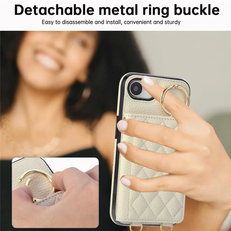 For iPhone 16e Case Kickstand Rhombus Leather + TPU Phone Cover with Shoulder Strap - Beige