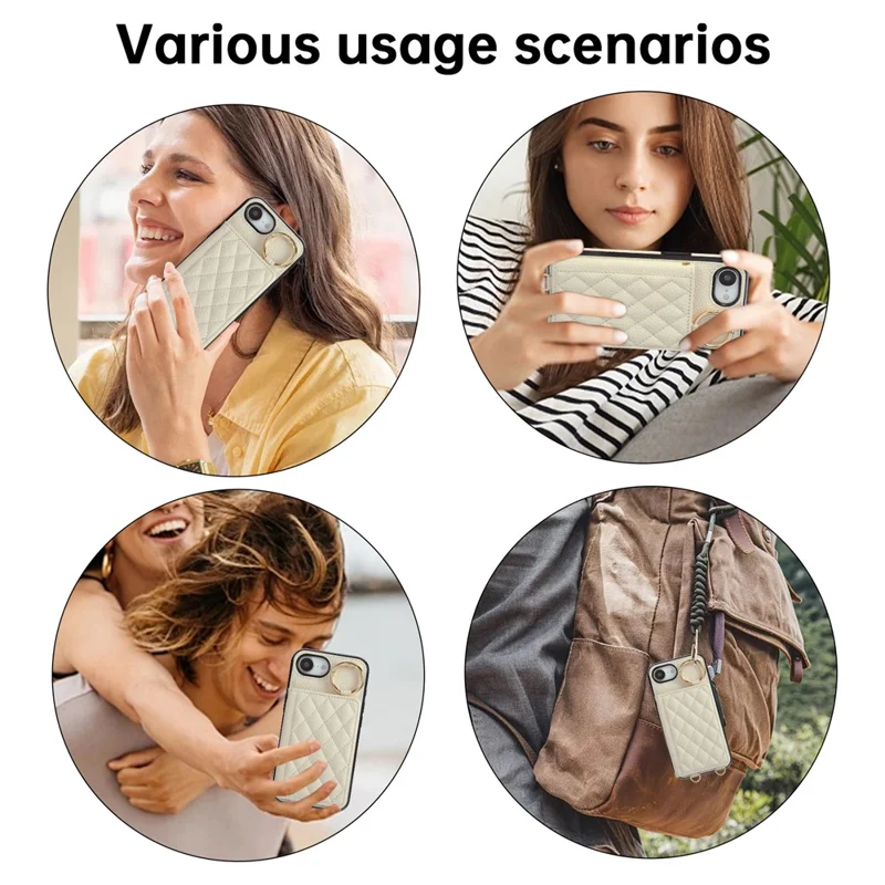 For iPhone 16e Case Kickstand Rhombus Leather + TPU Phone Cover with Shoulder Strap - Beige