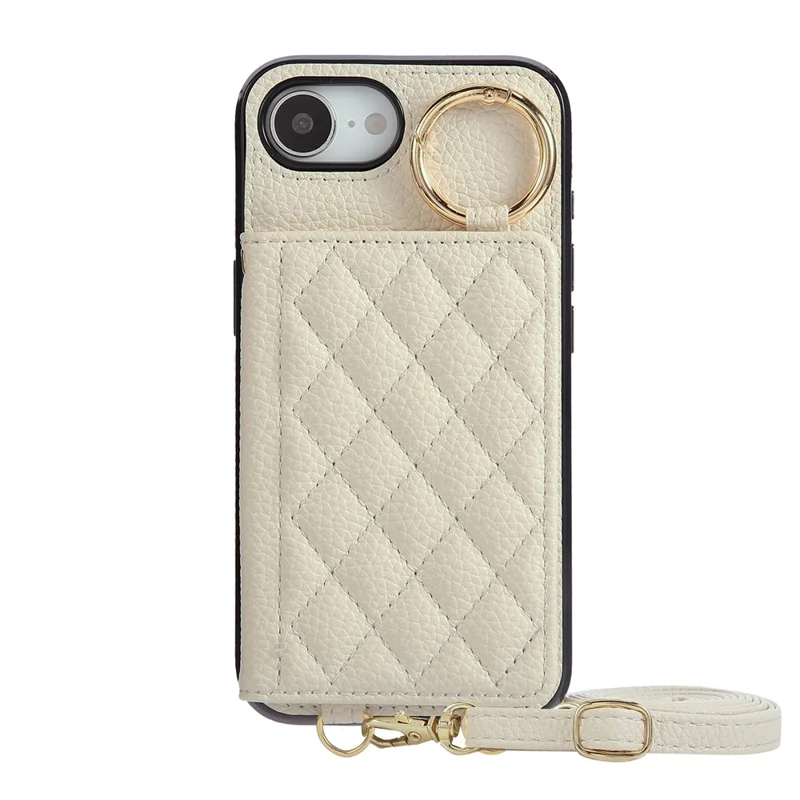 For iPhone 16e Case Kickstand Rhombus Leather + TPU Phone Cover with Shoulder Strap - Beige