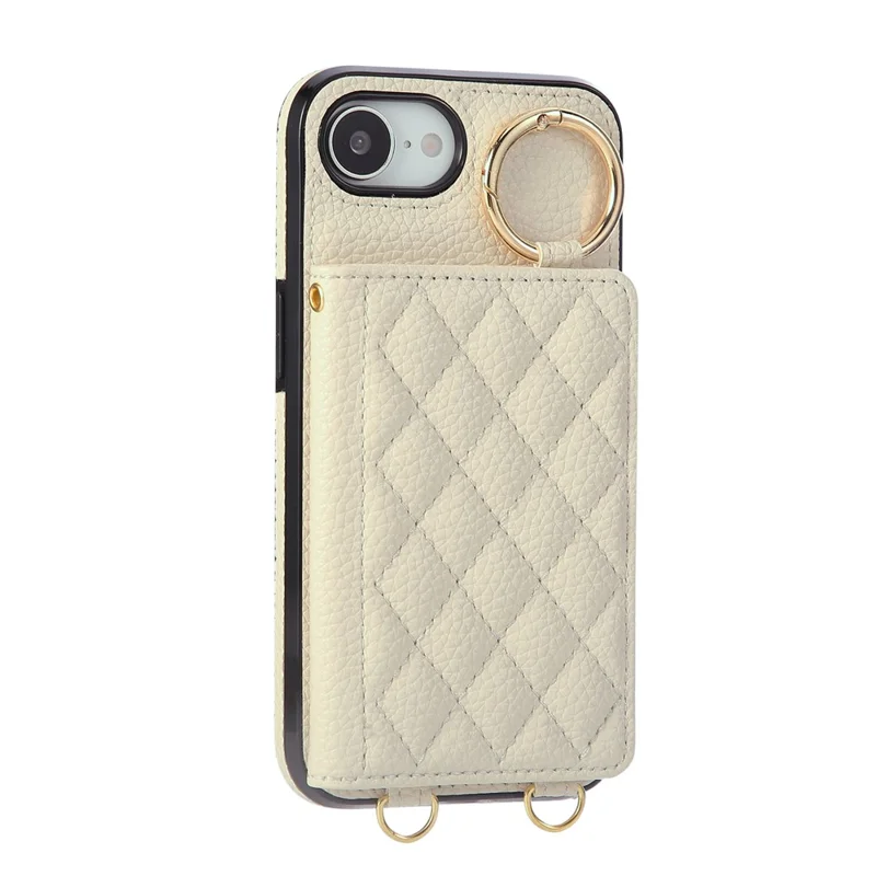 For iPhone 16e Case Kickstand Rhombus Leather + TPU Phone Cover with Shoulder Strap - Beige