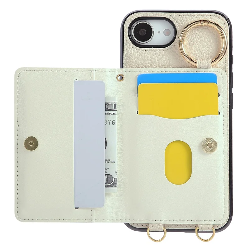 For iPhone 16e Case Kickstand Rhombus Leather + TPU Phone Cover with Shoulder Strap - Beige