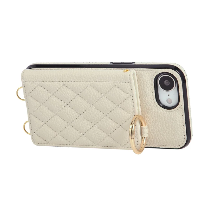For iPhone 16e Case Kickstand Rhombus Leather + TPU Phone Cover with Shoulder Strap - Beige