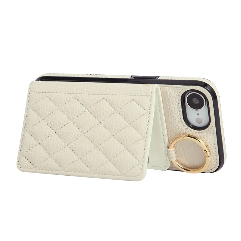 For iPhone 16e Case Kickstand Rhombus Leather + TPU Phone Cover with Shoulder Strap - Beige