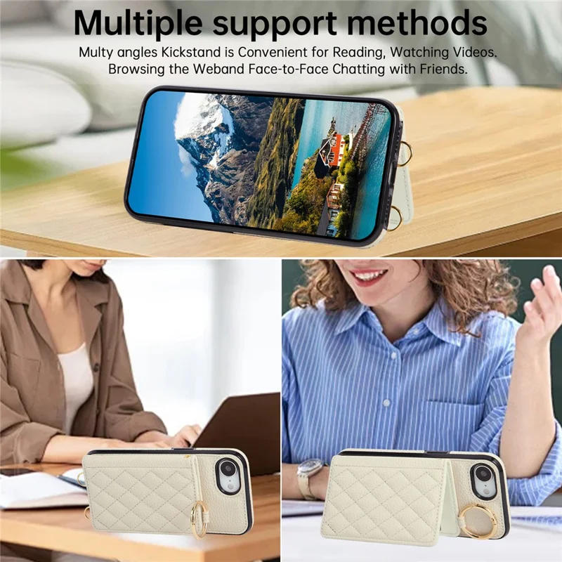 For iPhone 16e Case Kickstand Rhombus Leather + TPU Phone Cover with Shoulder Strap - Beige