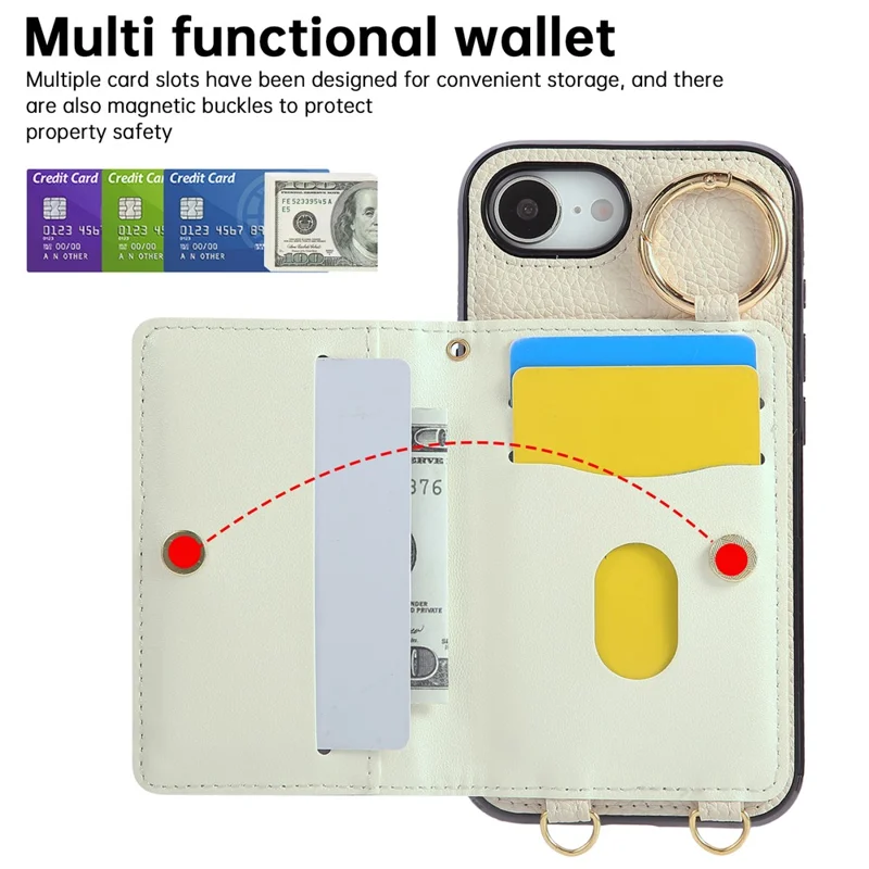 For iPhone 16e Case Kickstand Rhombus Leather + TPU Phone Cover with Shoulder Strap - Beige