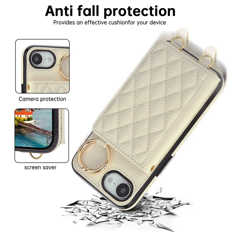 For iPhone 16e Case Kickstand Rhombus Leather + TPU Phone Cover with Shoulder Strap - Beige