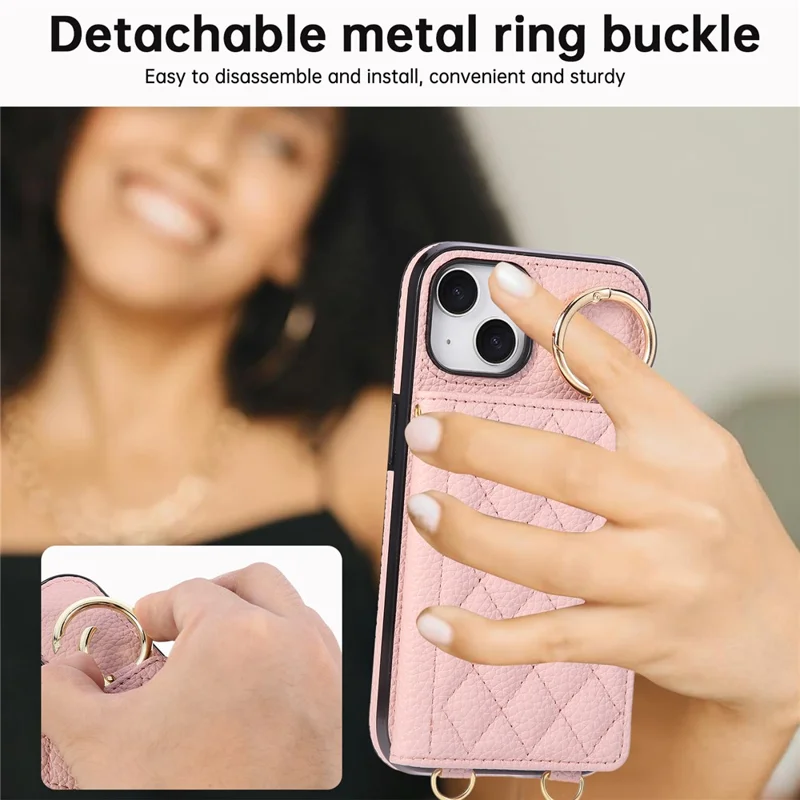 For iPhone 15 Case Kickstand Rhombus Leather + TPU Phone Cover with Shoulder Strap - Pink