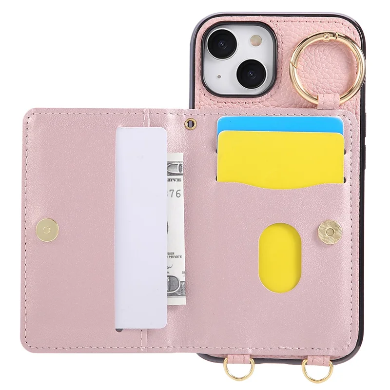 For iPhone 15 Case Kickstand Rhombus Leather + TPU Phone Cover with Shoulder Strap - Pink