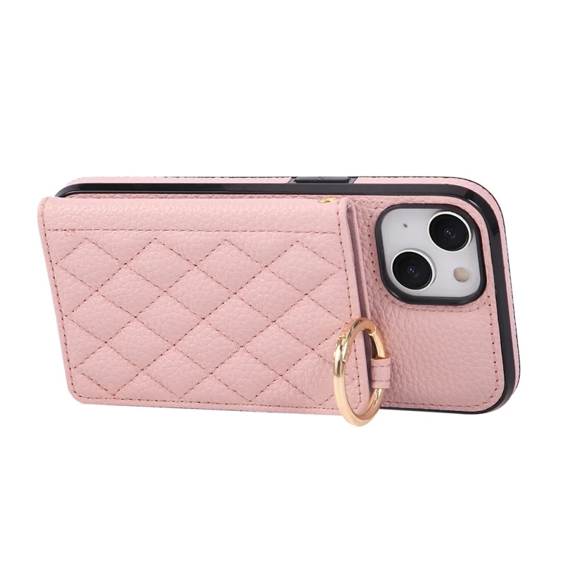 For iPhone 15 Case Kickstand Rhombus Leather + TPU Phone Cover with Shoulder Strap - Pink