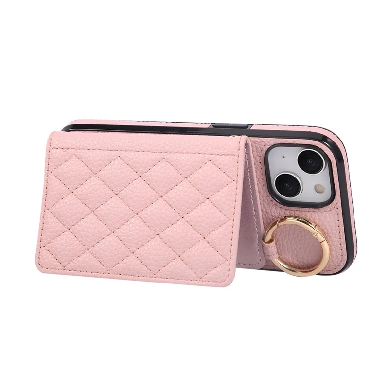 For iPhone 15 Case Kickstand Rhombus Leather + TPU Phone Cover with Shoulder Strap - Pink