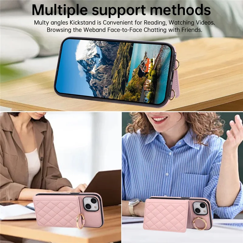 For iPhone 15 Case Kickstand Rhombus Leather + TPU Phone Cover with Shoulder Strap - Pink