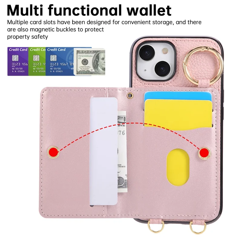 For iPhone 15 Case Kickstand Rhombus Leather + TPU Phone Cover with Shoulder Strap - Pink