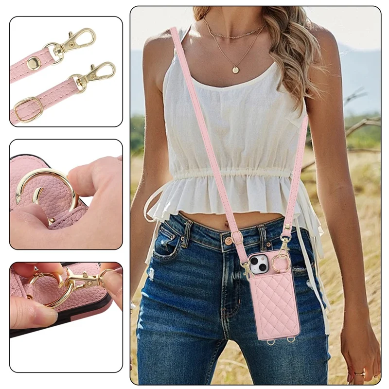 For iPhone 15 Case Kickstand Rhombus Leather + TPU Phone Cover with Shoulder Strap - Pink