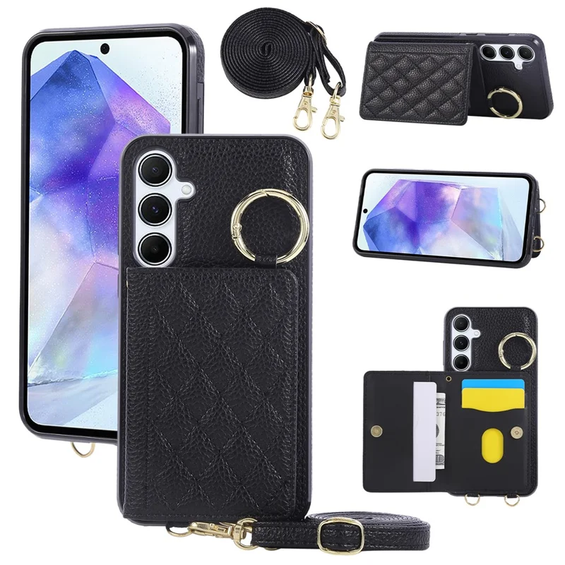Funda para Samsung Galaxy A16 4G / 5G con Soporte Tipo Rombo de Cuero + TPU con Correa para el Hombro - Negro