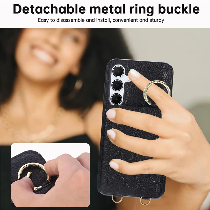 For Samsung Galaxy A36 5G Case Kickstand Rhombus Leather + TPU Phone Cover with Shoulder Strap - Black