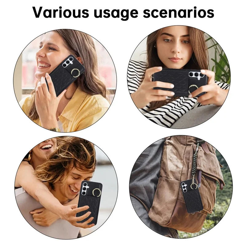 For Samsung Galaxy A36 5G Case Kickstand Rhombus Leather + TPU Phone Cover with Shoulder Strap - Black