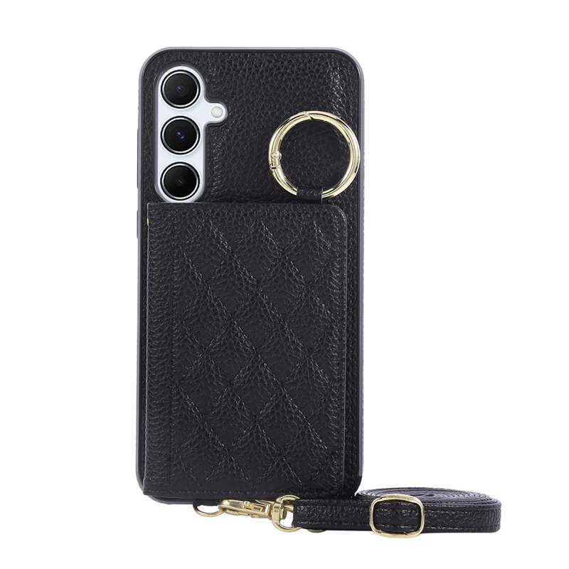 For Samsung Galaxy A36 5G Case Kickstand Rhombus Leather + TPU Phone Cover with Shoulder Strap - Black