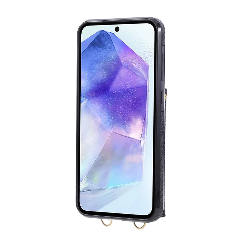 For Samsung Galaxy A36 5G Case Kickstand Rhombus Leather + TPU Phone Cover with Shoulder Strap - Black