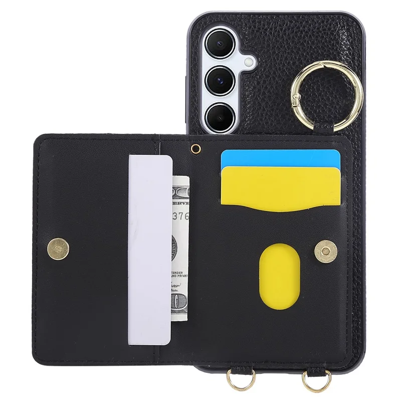 For Samsung Galaxy A36 5G Case Kickstand Rhombus Leather + TPU Phone Cover with Shoulder Strap - Black