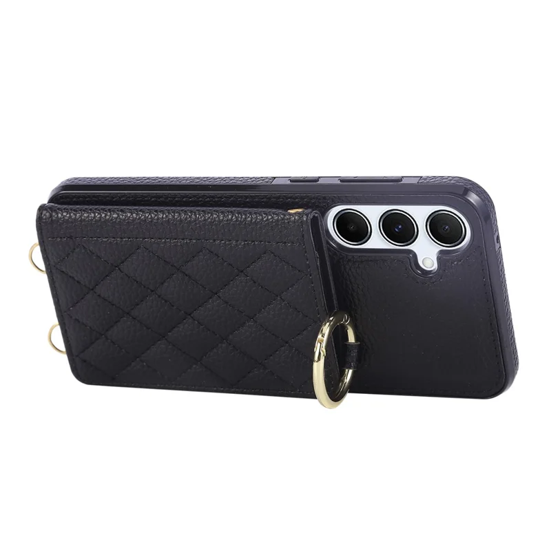 For Samsung Galaxy A36 5G Case Kickstand Rhombus Leather + TPU Phone Cover with Shoulder Strap - Black