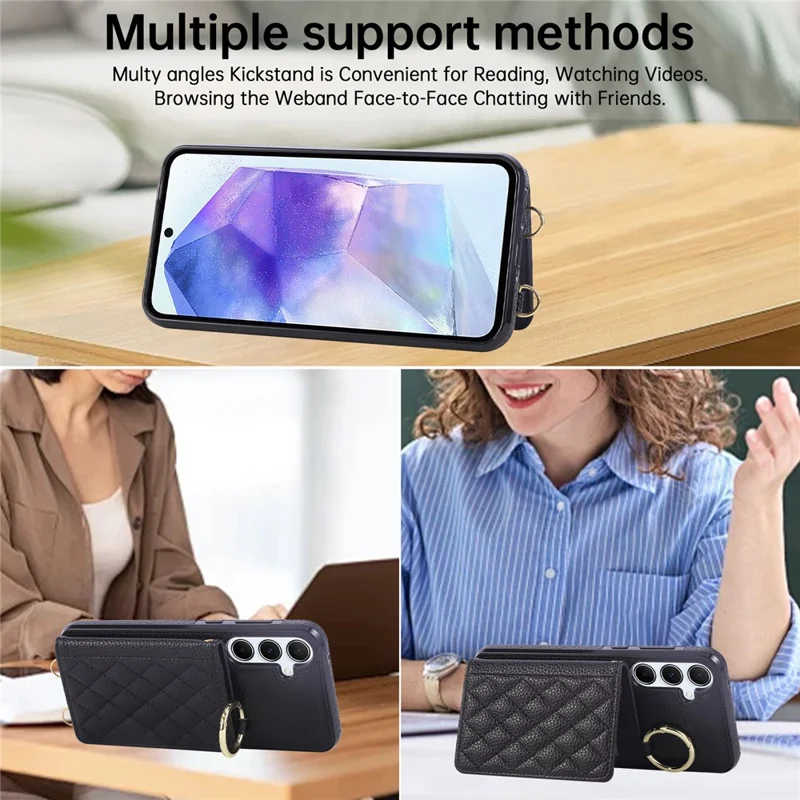 For Samsung Galaxy A36 5G Case Kickstand Rhombus Leather + TPU Phone Cover with Shoulder Strap - Black
