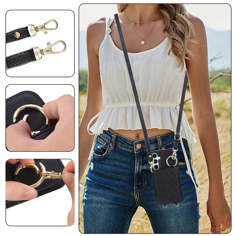 For Samsung Galaxy A36 5G Case Kickstand Rhombus Leather + TPU Phone Cover with Shoulder Strap - Black