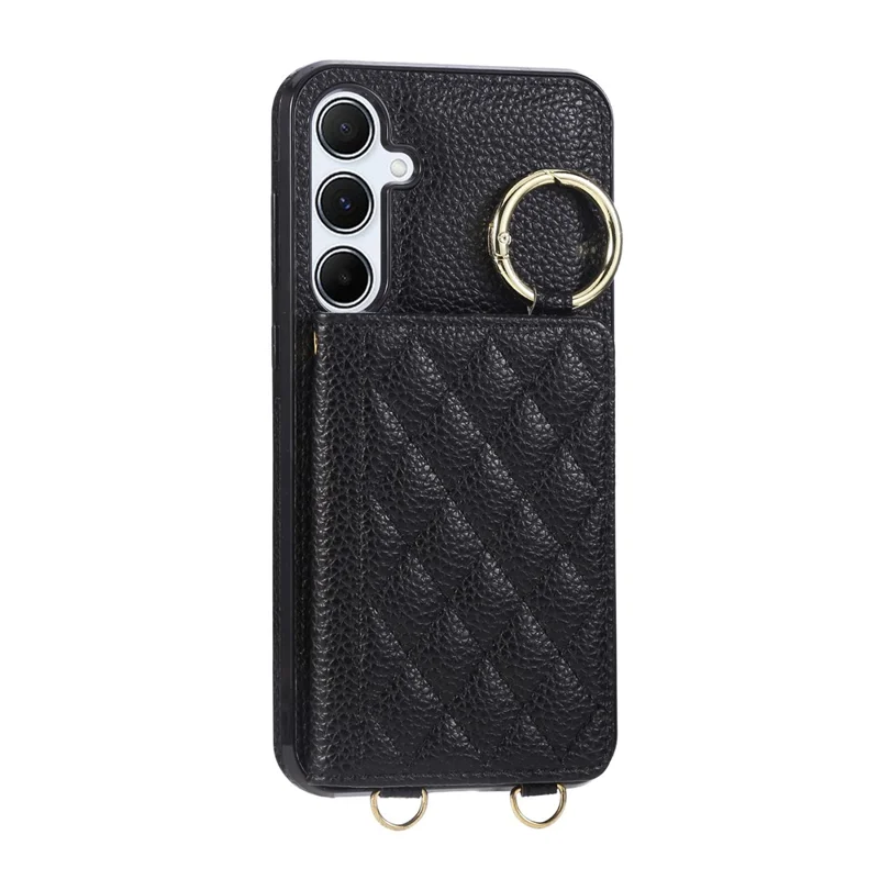 For Samsung Galaxy A56 5G Case Kickstand Rhombus Leather + TPU Phone Cover with Shoulder Strap - Black
