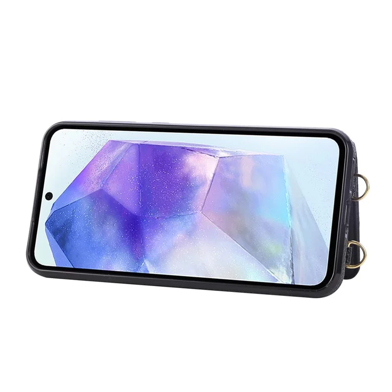 For Samsung Galaxy A56 5G Case Kickstand Rhombus Leather + TPU Phone Cover with Shoulder Strap - Black