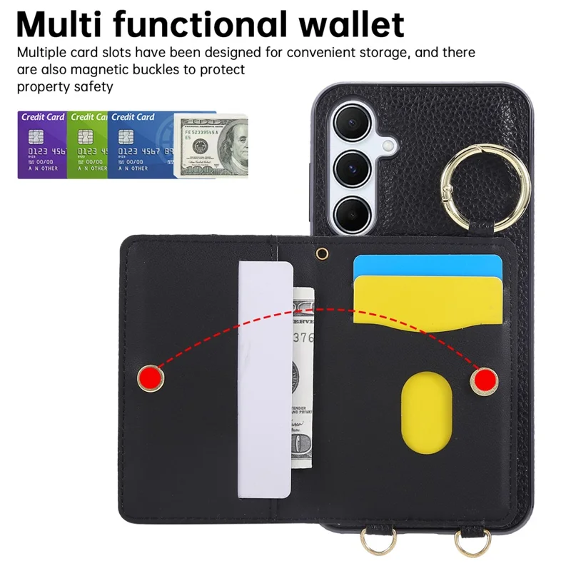 For Samsung Galaxy A56 5G Case Kickstand Rhombus Leather + TPU Phone Cover with Shoulder Strap - Black