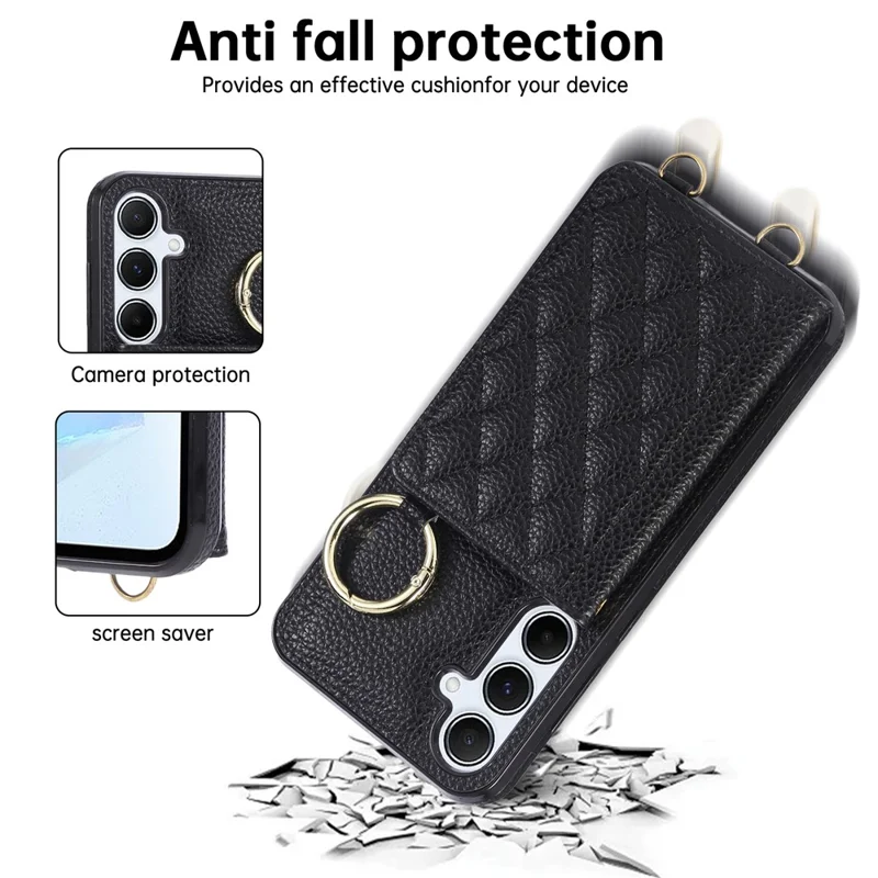 For Samsung Galaxy A56 5G Case Kickstand Rhombus Leather + TPU Phone Cover with Shoulder Strap - Black