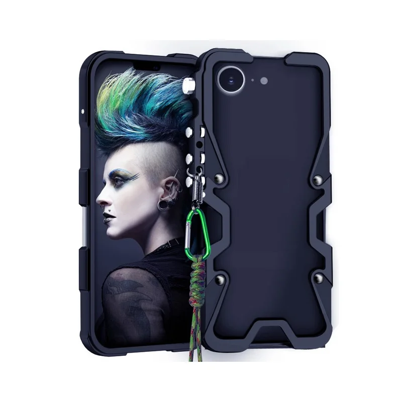 For iPhone 16e Bumper Case Aluminium Alloy Metal Phone Shell Cover with Strap - Black