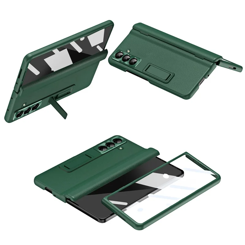 For Samsung Galaxy Z Fold7 5G Case with Tempered Glass Film Kickstand PC  + PU Leather Folding Phone Cover - Green