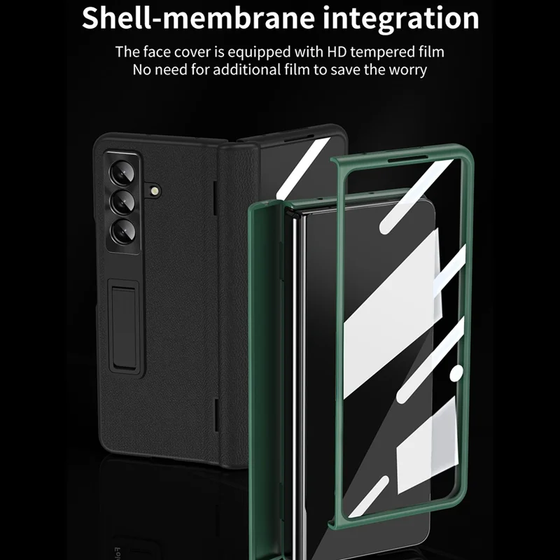 For Samsung Galaxy Z Fold7 5G Case with Tempered Glass Film Kickstand PC  + PU Leather Folding Phone Cover - Green