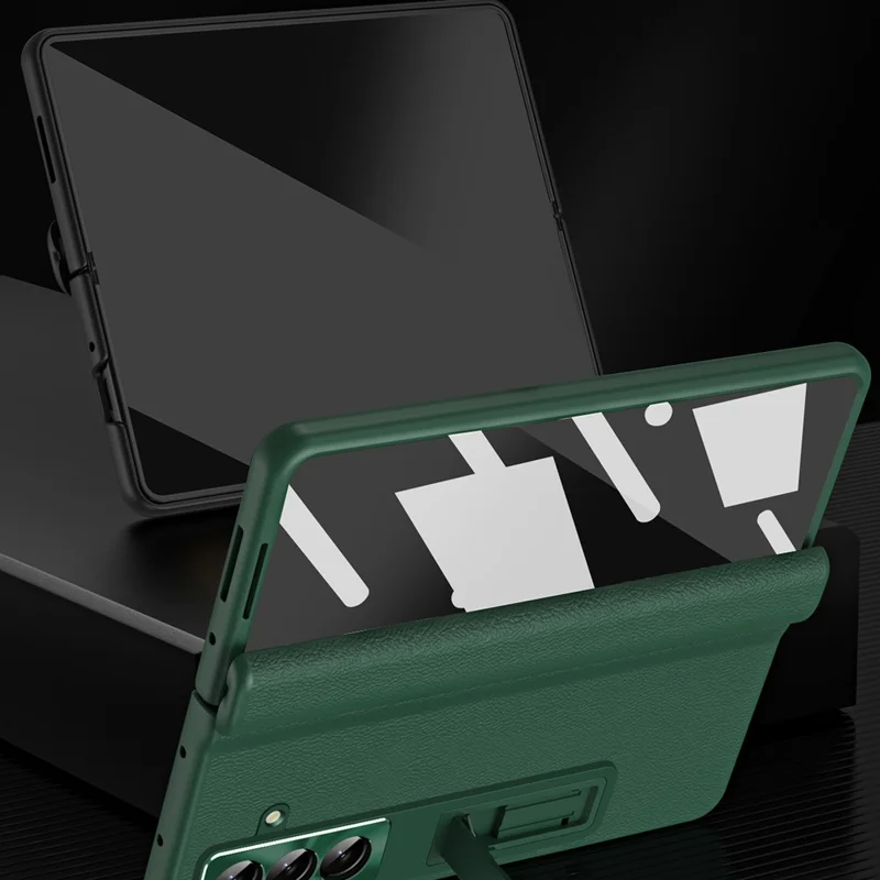 For Samsung Galaxy Z Fold7 5G Case with Tempered Glass Film Kickstand PC  + PU Leather Folding Phone Cover - Green