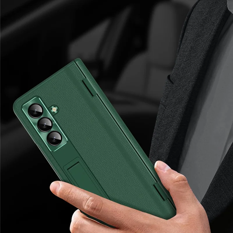 For Samsung Galaxy Z Fold7 5G Case with Tempered Glass Film Kickstand PC  + PU Leather Folding Phone Cover - Green