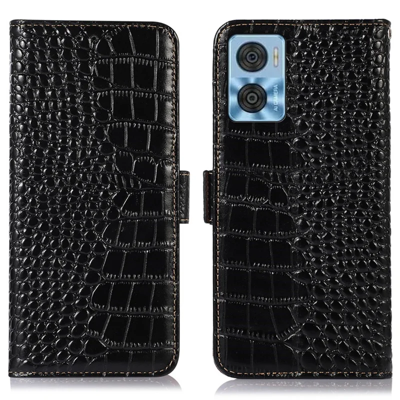 Para Motorola Moto E22 4G / E22i 4G Genuinino Cool Coolo Folio Folio Case Rfid Bloqueo de Bloqueo Crocodile Textura Billetera Tapa Teléfono - Negro