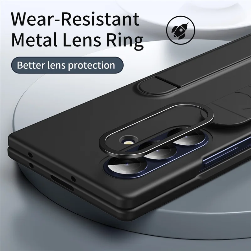 For Samsung Galaxy Z Fold7 5G Case with Tempered Glass Film Kickstand Wristband PC + Silicone Phone Cover - Black