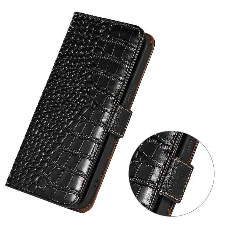 For Honor X8 5G RFID Blocking Wallet Phone Case Crocodile Texture Genuine Cowhide Leather Stand Magnetic Protect Flip Cover - Black