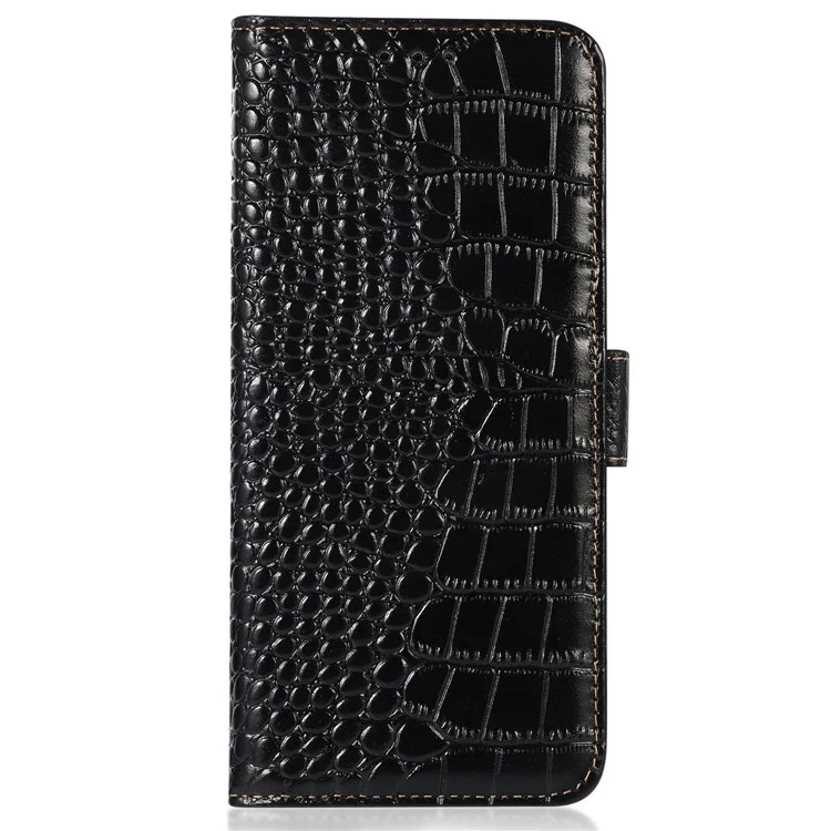 For Honor X8 5G RFID Blocking Wallet Phone Case Crocodile Texture Genuine Cowhide Leather Stand Magnetic Protect Flip Cover - Black