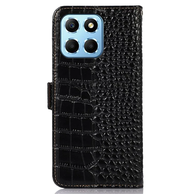 For Honor X8 5G RFID Blocking Wallet Phone Case Crocodile Texture Genuine Cowhide Leather Stand Magnetic Protect Flip Cover - Black