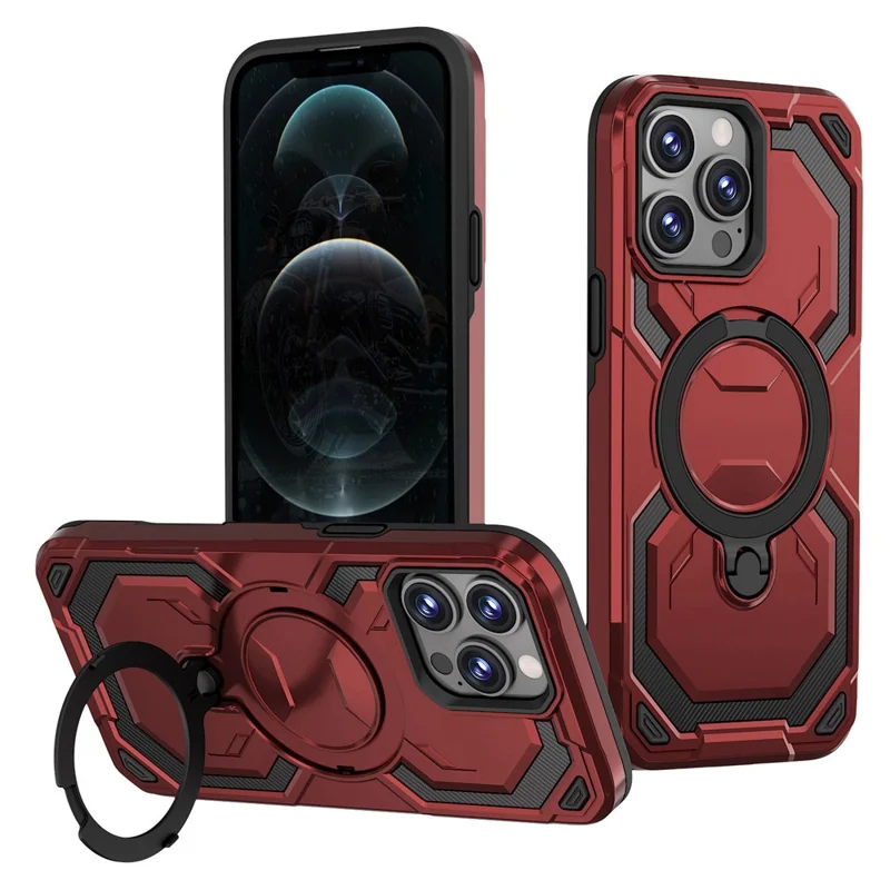 Compra a granel para funda de iPhone 12 Pro Max con soporte giratorio magnético, carcasa de PC + TPU - Rojo