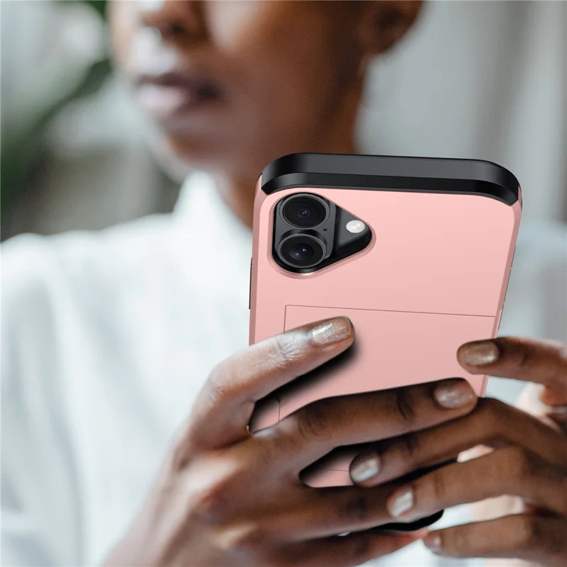 For iPhone 17 Case with Card Holder TPU + PC Phone Back Cover - Rose Gold