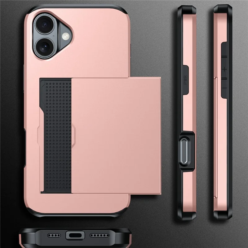 For iPhone 17 Case with Card Holder TPU + PC Phone Back Cover - Rose Gold